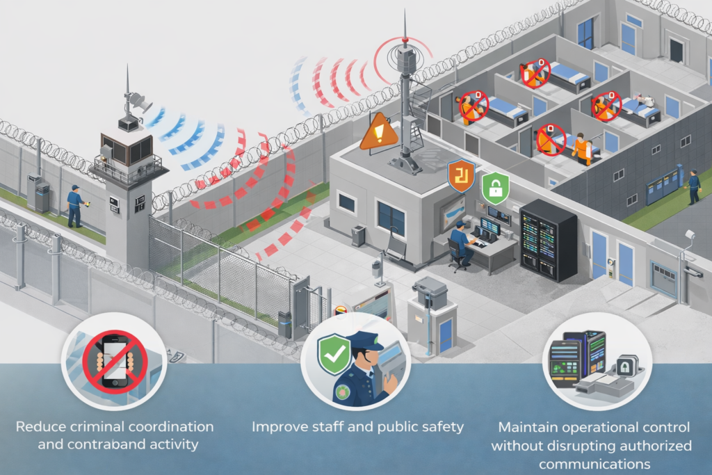 illustration of how authorized personnel in a detention center can manage cellular signals to reduce contraband, improve safety and maintain control